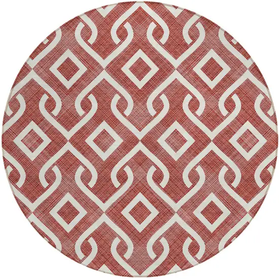 8' Burgundy And Ivory Round Geometric Washable Indoor Outdoor Area Rug Photo 2