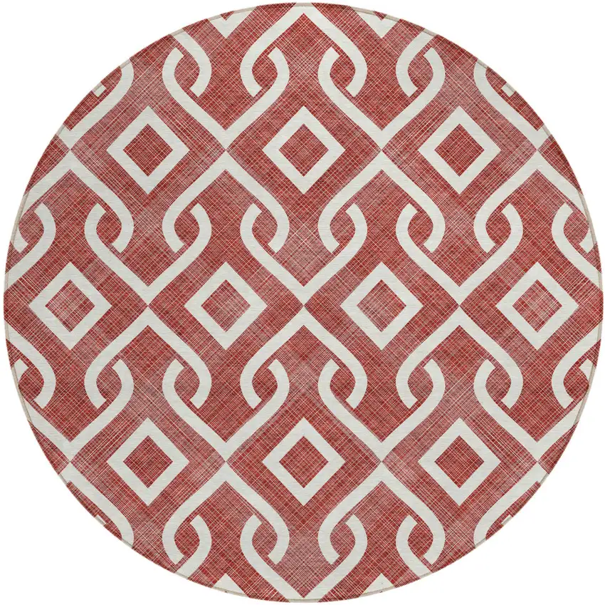 8' Burgundy And Ivory Round Geometric Washable Indoor Outdoor Area Rug Photo 2