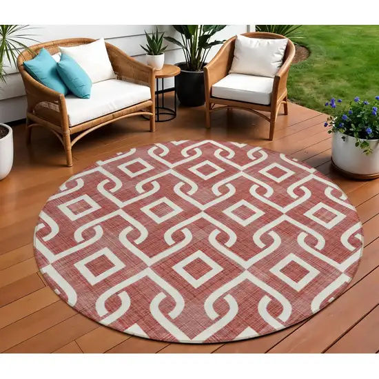 8' Burgundy And Ivory Round Geometric Washable Indoor Outdoor Area Rug Photo 1