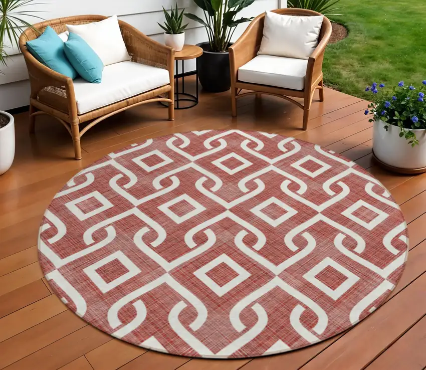 8' Burgundy And Ivory Round Geometric Washable Indoor Outdoor Area Rug Photo 1