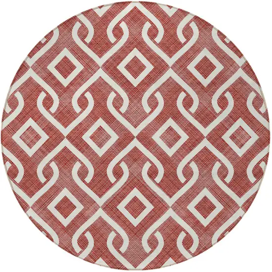 8' Burgundy And Ivory Round Geometric Washable Indoor Outdoor Area Rug Photo 6