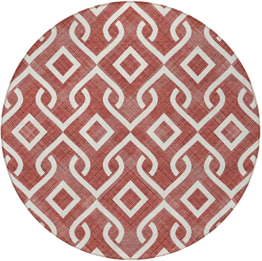 8' Burgundy And Ivory Round Geometric Washable Indoor Outdoor Area Rug Photo 6