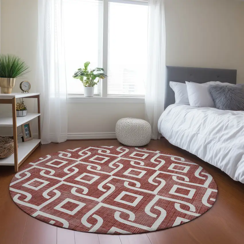 8' Burgundy And Ivory Round Geometric Washable Indoor Outdoor Area Rug Photo 8