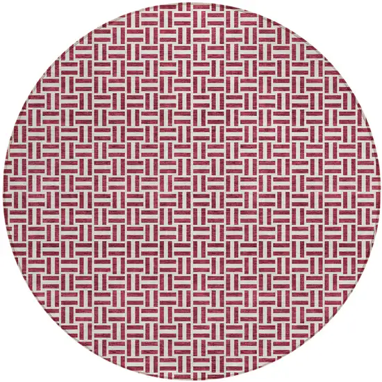 8' Burgundy And Ivory Round Geometric Washable Indoor Outdoor Area Rug Photo 2