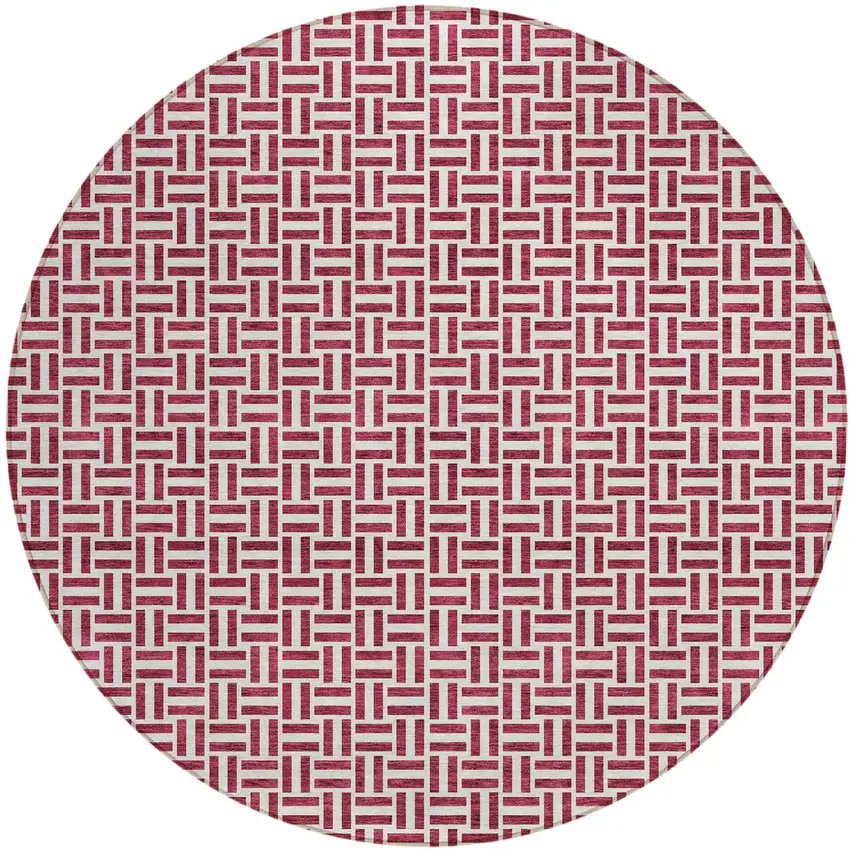 8' Burgundy And Ivory Round Geometric Washable Indoor Outdoor Area Rug Photo 2