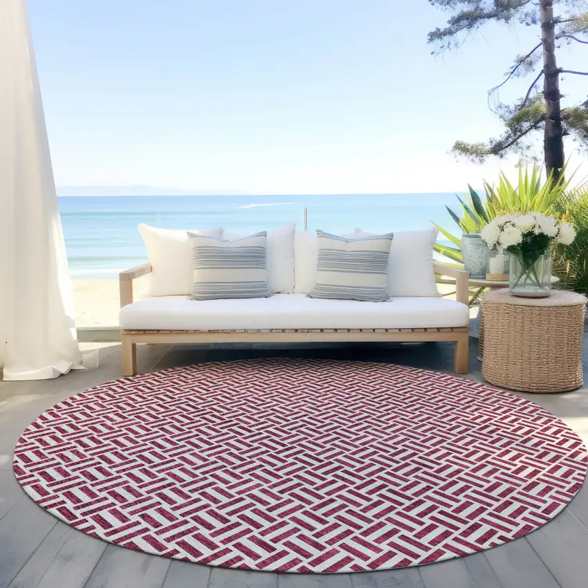 8' Burgundy And Ivory Round Geometric Washable Indoor Outdoor Area Rug Photo 7