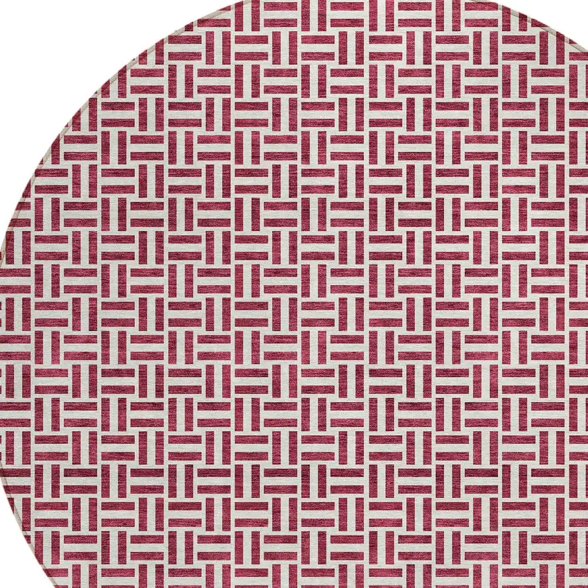 8' Burgundy And Ivory Round Geometric Washable Indoor Outdoor Area Rug Photo 5