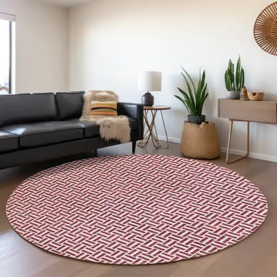 8' Burgundy And Ivory Round Geometric Washable Indoor Outdoor Area Rug Photo 8