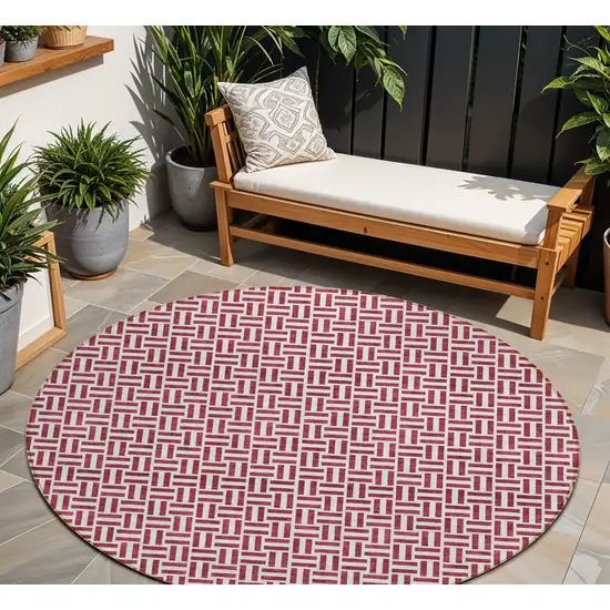 8' Burgundy And Ivory Round Geometric Washable Indoor Outdoor Area Rug Photo 1