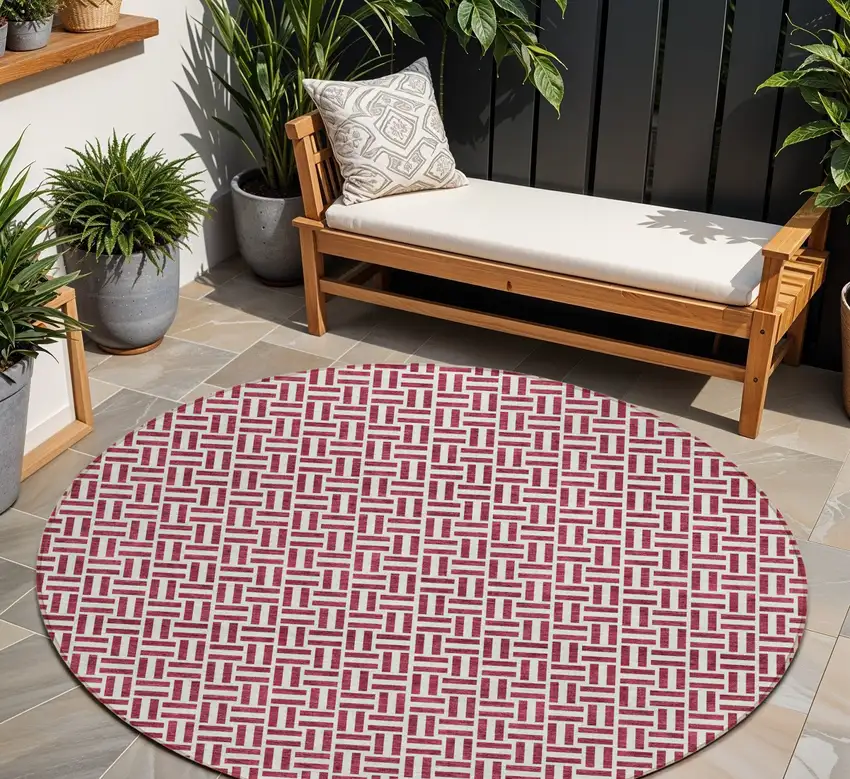 8' Burgundy And Ivory Round Geometric Washable Indoor Outdoor Area Rug Photo 1