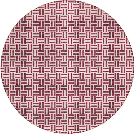 8' Burgundy And Ivory Round Geometric Washable Indoor Outdoor Area Rug Photo 6