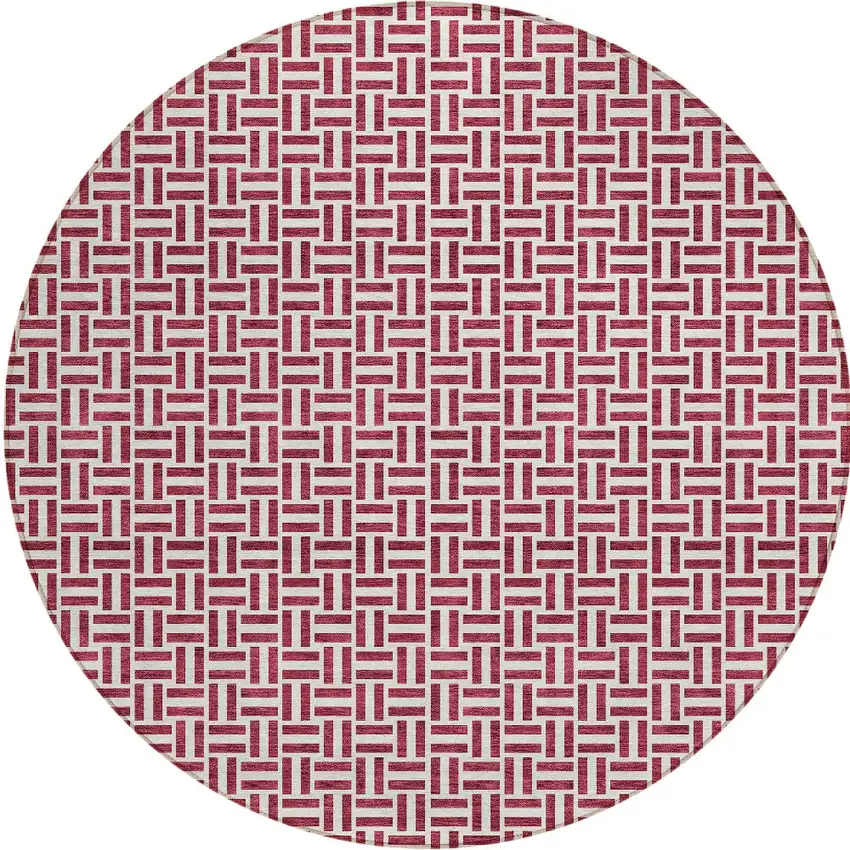 8' Burgundy And Ivory Round Geometric Washable Indoor Outdoor Area Rug Photo 6