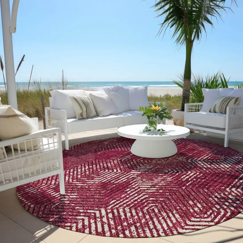 8' Burgundy And Ivory Round Geometric Washable Indoor Outdoor Area Rug Photo 7