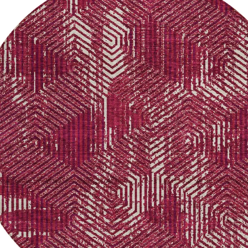 8' Burgundy And Ivory Round Geometric Washable Indoor Outdoor Area Rug Photo 5