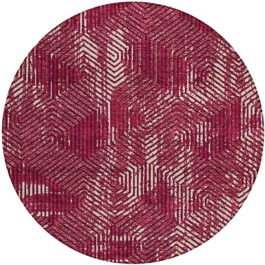 8' Burgundy And Ivory Round Geometric Washable Indoor Outdoor Area Rug Photo 2