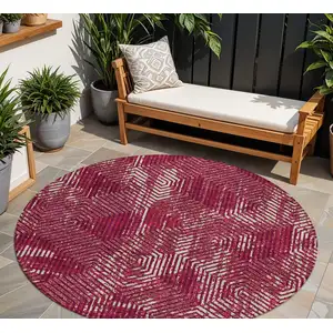 Photo of 8' Burgundy And Ivory Round Geometric Washable Indoor Outdoor Area Rug