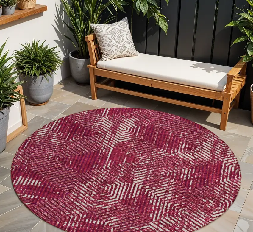 8' Burgundy And Ivory Round Geometric Washable Indoor Outdoor Area Rug Photo 1