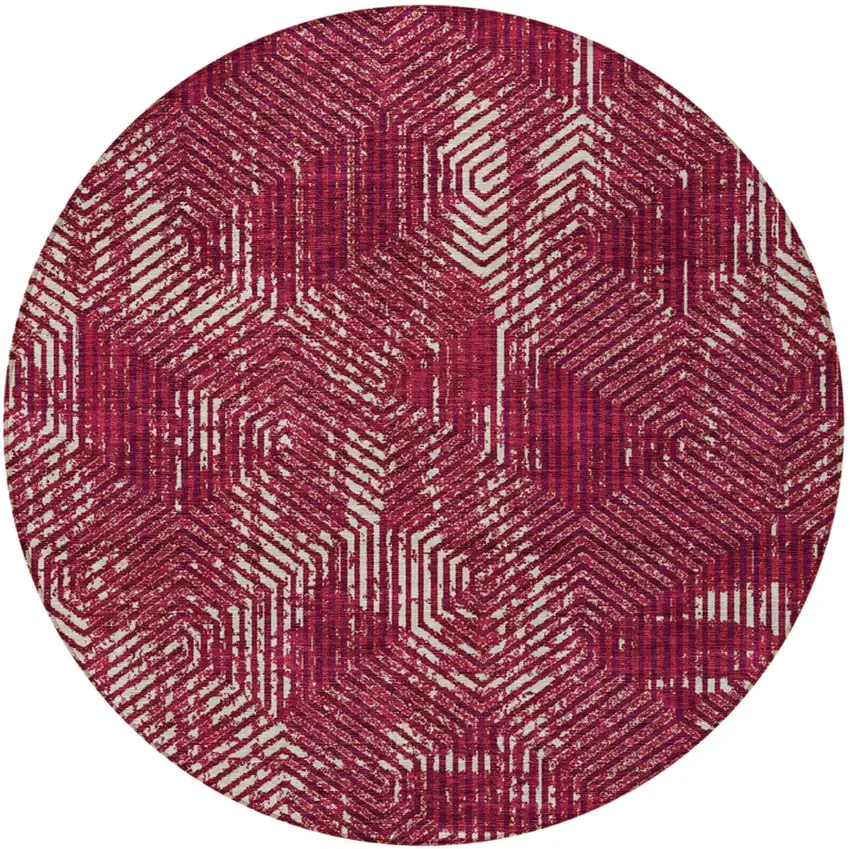 8' Burgundy And Ivory Round Geometric Washable Indoor Outdoor Area Rug Photo 6
