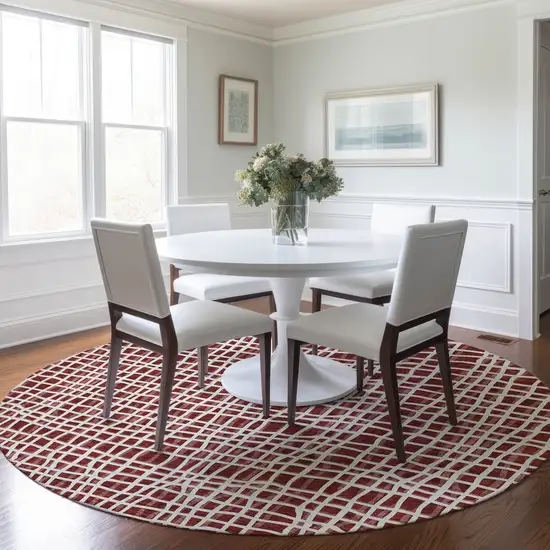 8' Burgundy And Ivory Round Striped Washable Indoor Outdoor Area Rug Photo 9