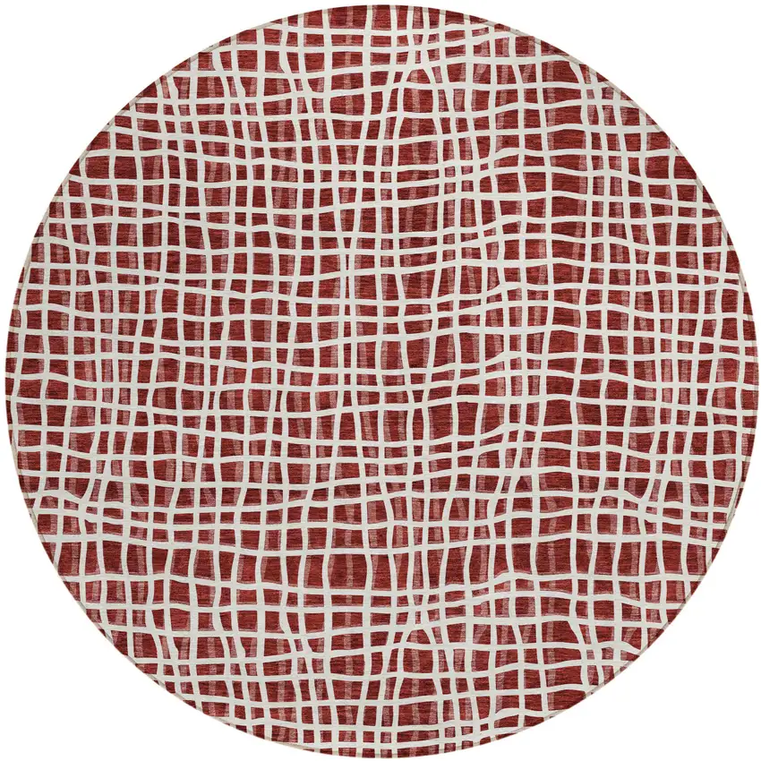 8' Burgundy And Ivory Round Striped Washable Indoor Outdoor Area Rug Photo 2