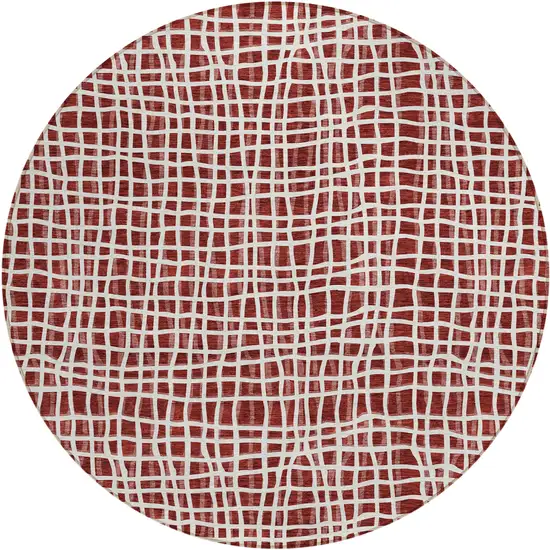 8' Burgundy And Ivory Round Striped Washable Indoor Outdoor Area Rug Photo 2