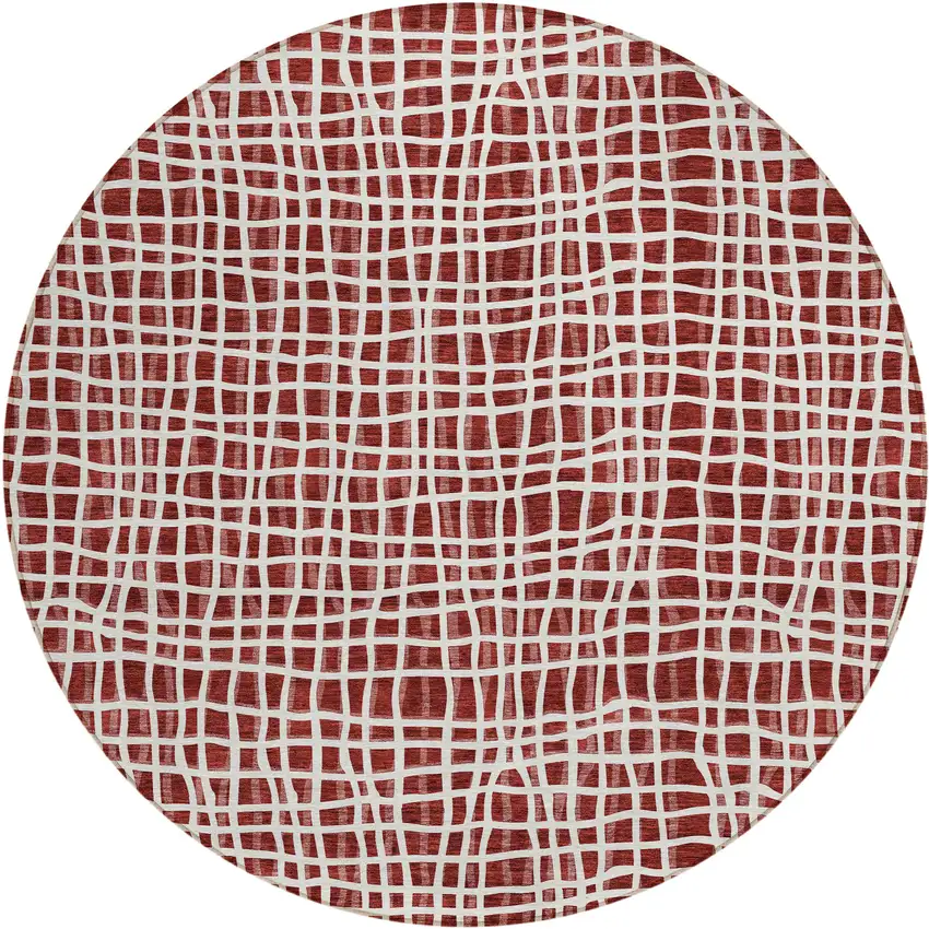 8' Burgundy And Ivory Round Striped Washable Indoor Outdoor Area Rug Photo 2