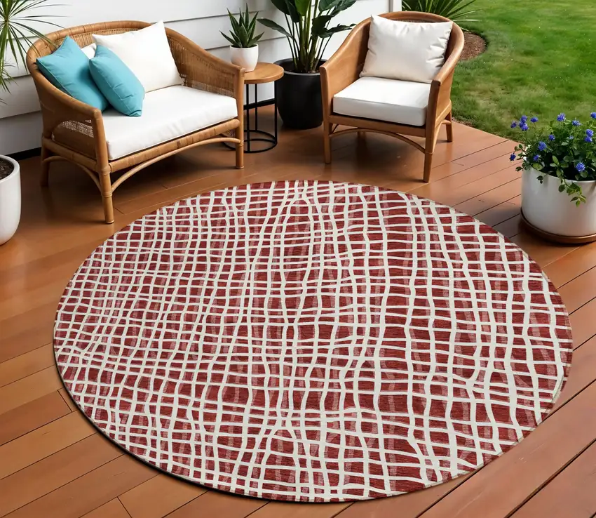 8' Burgundy And Ivory Round Striped Washable Indoor Outdoor Area Rug Photo 1