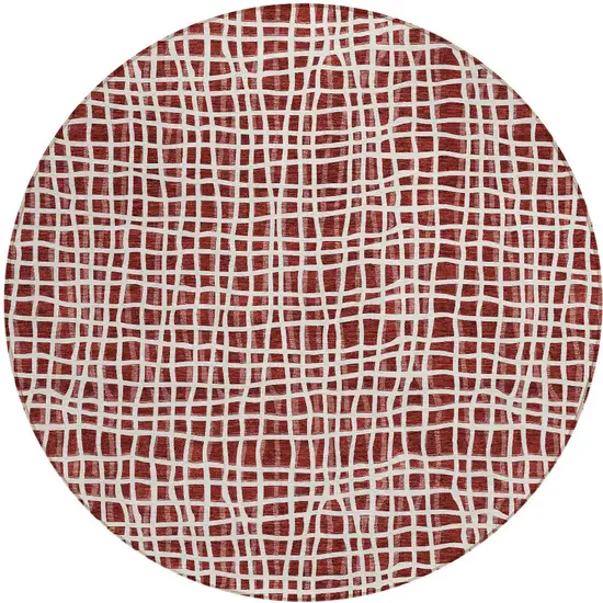 8' Burgundy And Ivory Round Striped Washable Indoor Outdoor Area Rug Photo 7