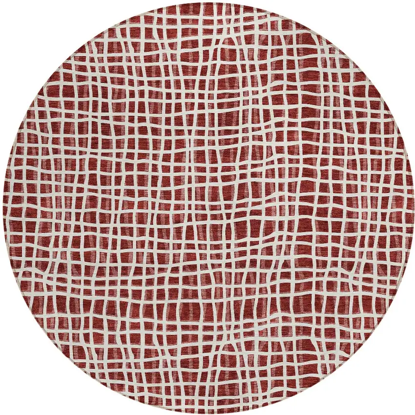 8' Burgundy And Ivory Round Striped Washable Indoor Outdoor Area Rug Photo 7