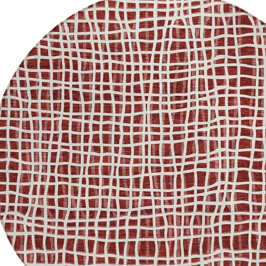 8' Burgundy And Ivory Round Striped Washable Indoor Outdoor Area Rug Photo 6