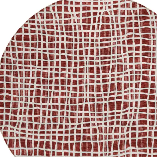 8' Burgundy And Ivory Round Striped Washable Indoor Outdoor Area Rug Photo 6