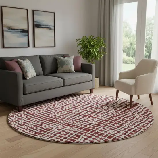 8' Burgundy And Ivory Striped Washable Round Rug With UV Protection Photo 1