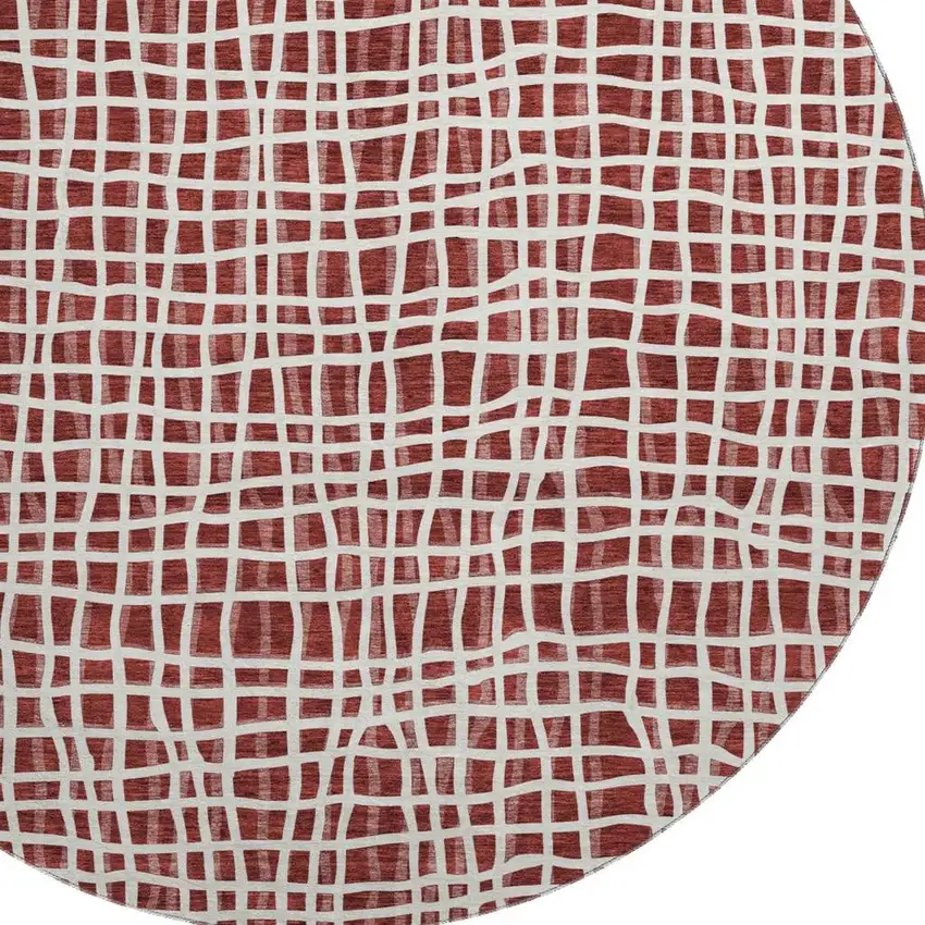 8' Burgundy And Ivory Striped Washable Round Rug With UV Protection Photo 3