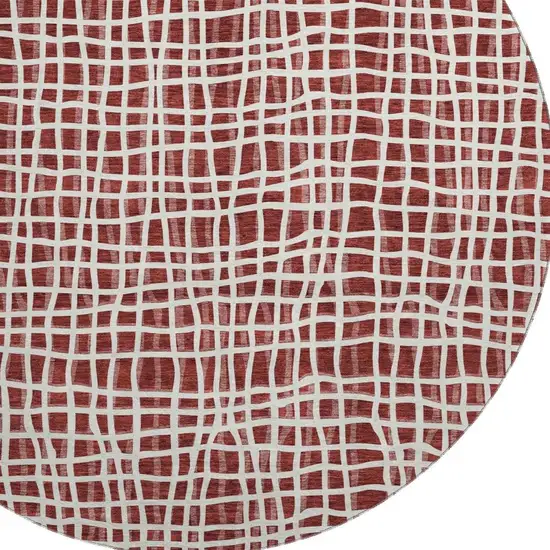 8' Burgundy And Ivory Striped Washable Round Rug With UV Protection Photo 3