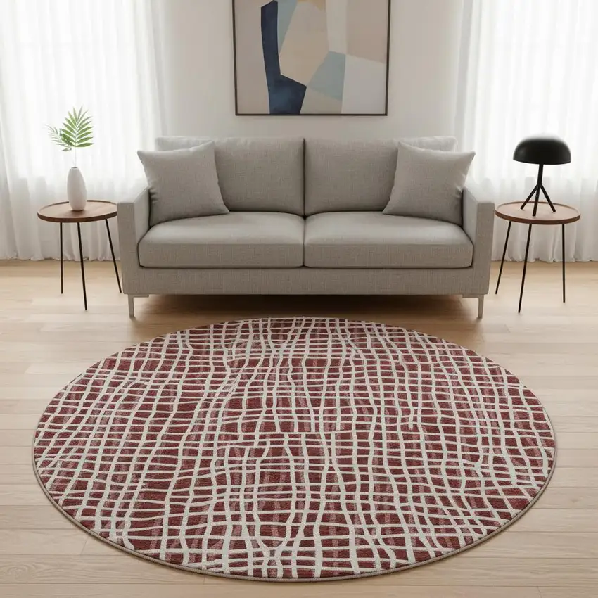 8' Burgundy And Ivory Striped Washable Round Rug With UV Protection Photo 2