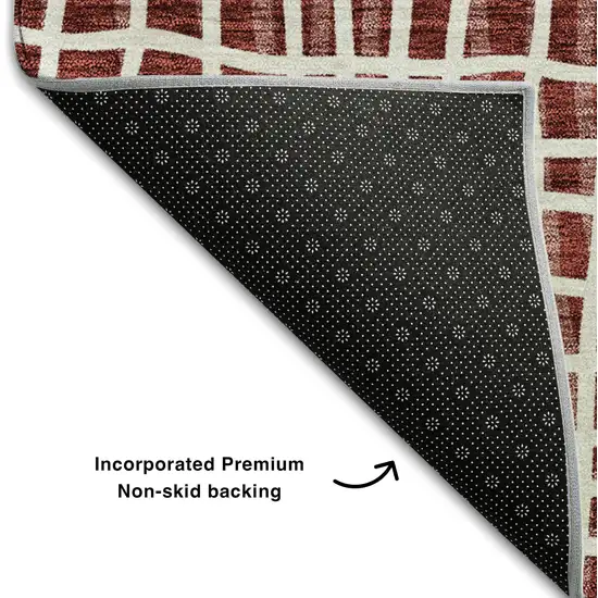 8' Burgundy And Ivory Striped Washable Round Rug With UV Protection Photo 6