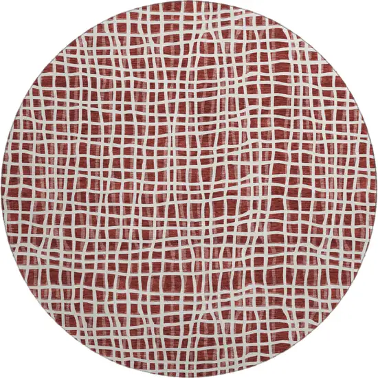 8' Burgundy And Ivory Striped Washable Round Rug With UV Protection Photo 1