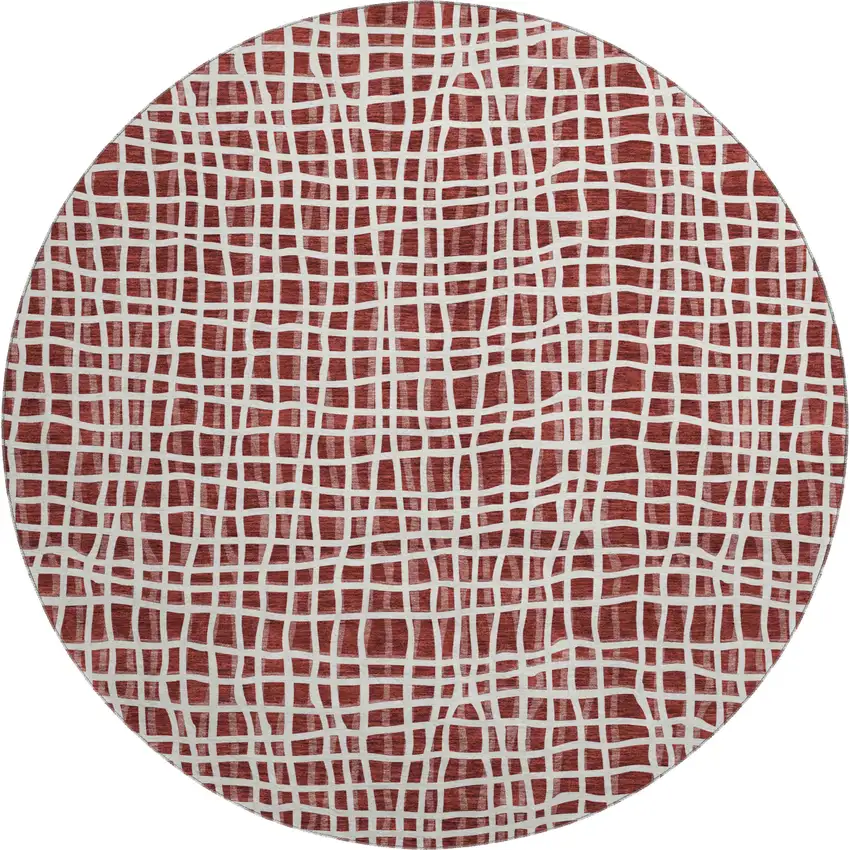 8' Burgundy And Ivory Striped Washable Round Rug With UV Protection Photo 1