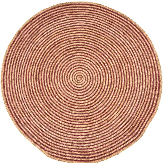 4' Burgundy And Natural Jute Braided Stripe Round Rug Photo 2