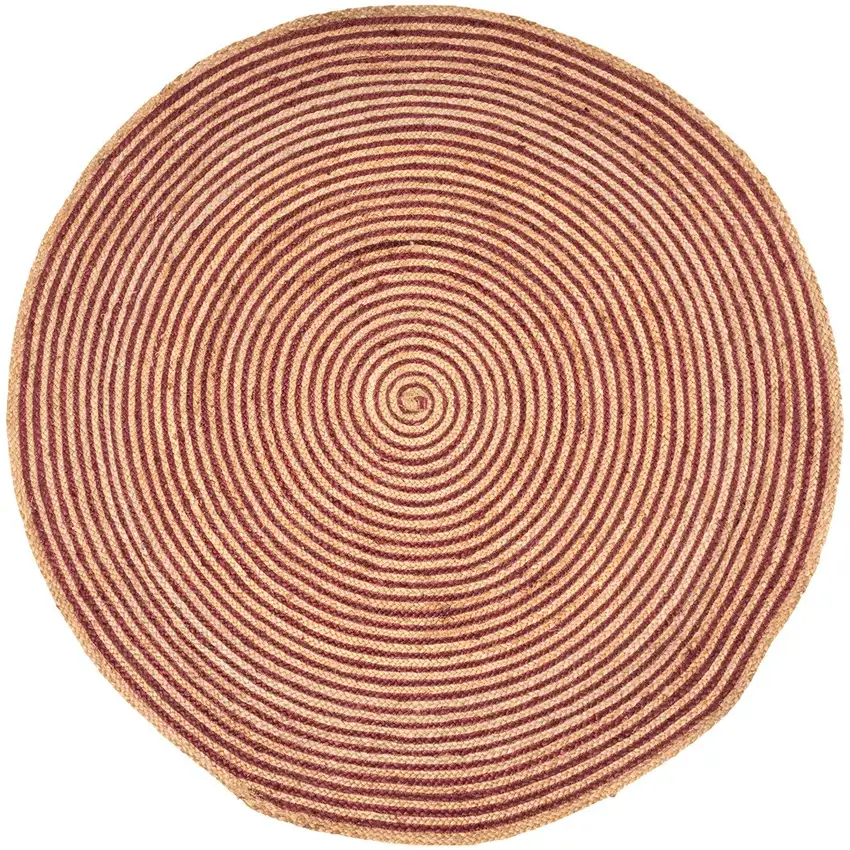 4' Burgundy And Natural Jute Braided Stripe Round Rug Photo 1