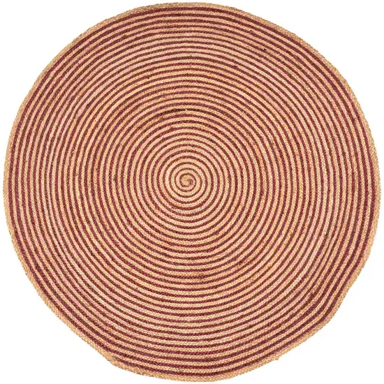 4' Burgundy And Natural Jute Braided Stripe Round Rug Photo 1