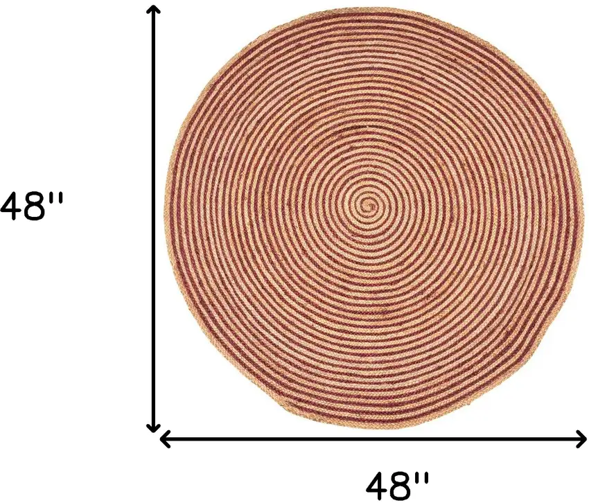 4' Burgundy And Natural Jute Braided Stripe Round Rug Photo 4