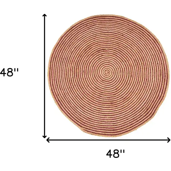 4' Burgundy And Natural Jute Braided Stripe Round Rug Photo 4