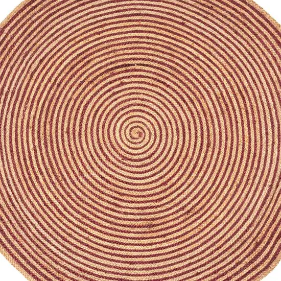 4' Burgundy And Natural Jute Braided Stripe Round Rug Photo 3