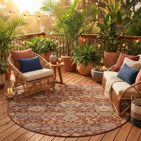 8' Burgundy And Orange Round Floral Medallion Washable Indoor Outdoor Area Rug Photo 1