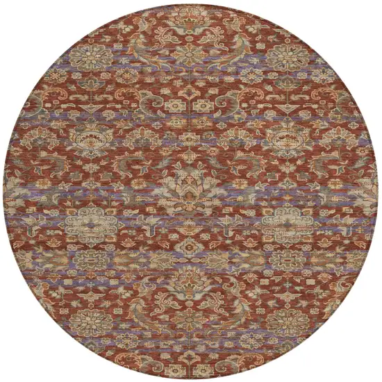 8' Burgundy And Orange Round Floral Medallion Washable Indoor Outdoor Area Rug Photo 2