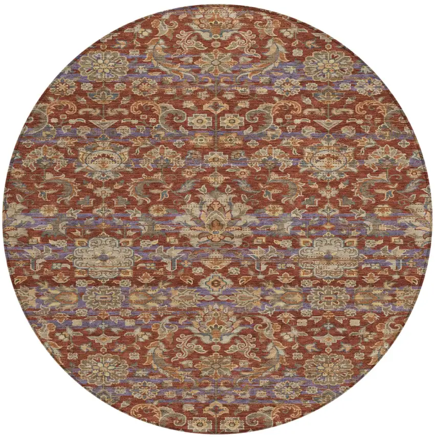 8' Burgundy And Orange Round Floral Medallion Washable Indoor Outdoor Area Rug Photo 2