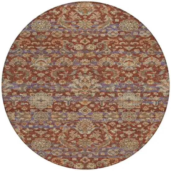 8' Burgundy And Orange Round Floral Medallion Washable Indoor Outdoor Area Rug Photo 4