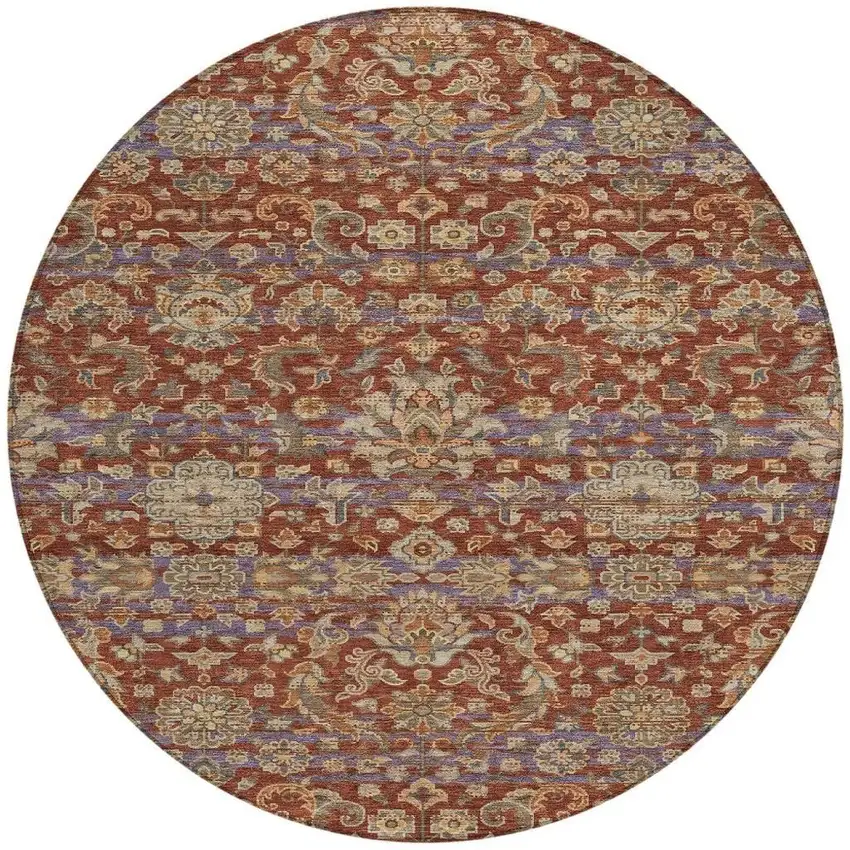8' Burgundy And Orange Round Floral Medallion Washable Indoor Outdoor Area Rug Photo 4