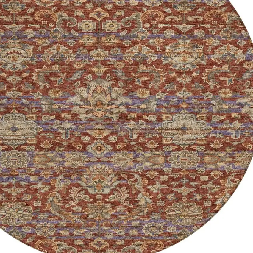 8' Burgundy And Orange Round Floral Medallion Washable Indoor Outdoor Area Rug Photo 3
